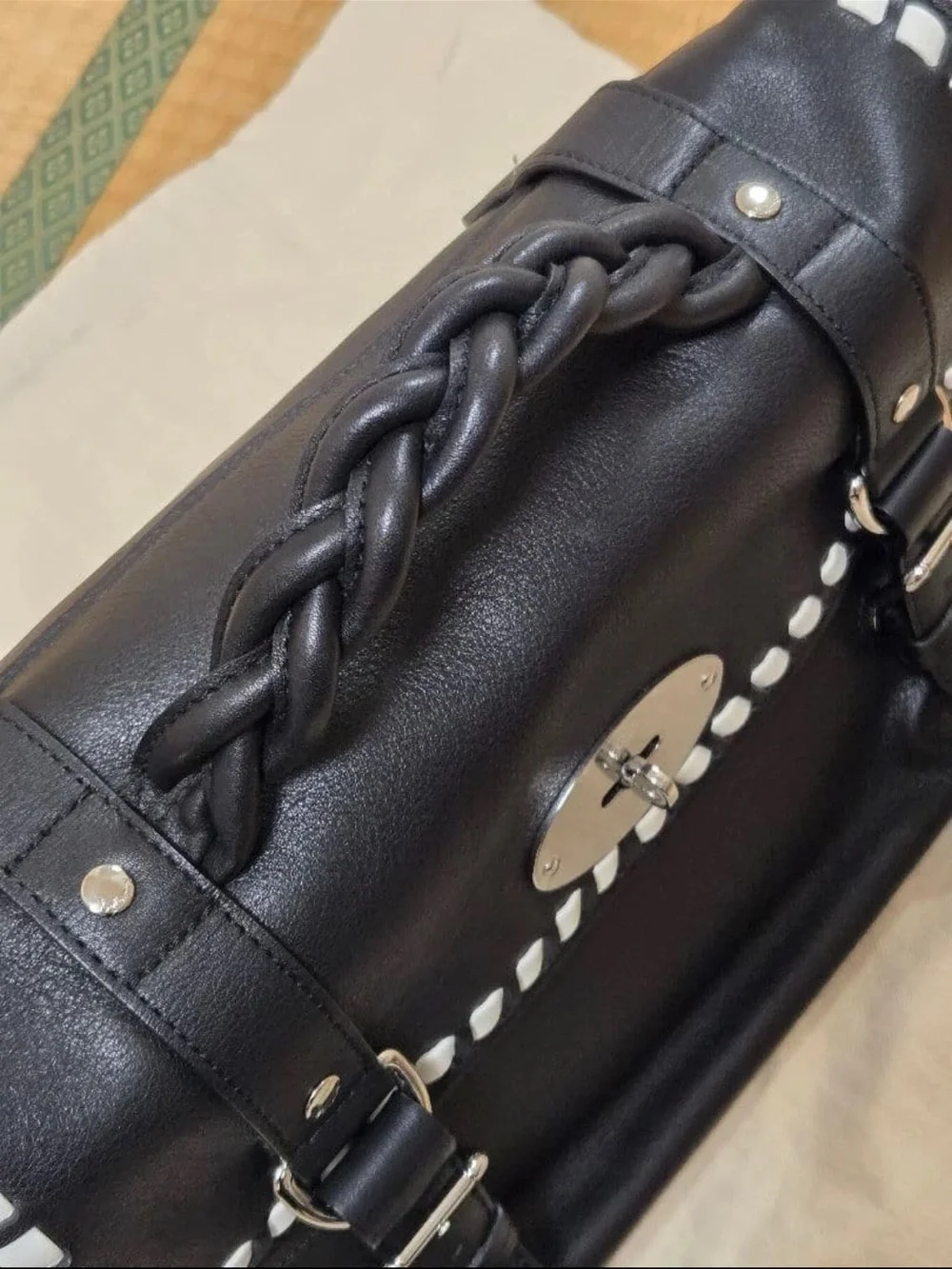 Mulberry Black Leather Satchel with White Trim